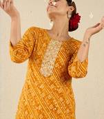 Mustard women bandhani embroidered sequinned kurta