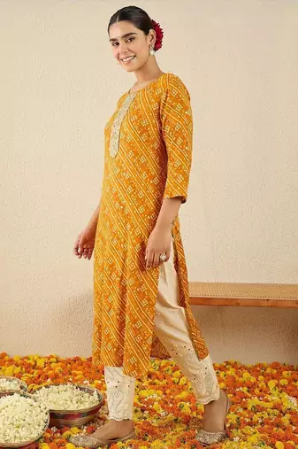 Mustard women bandhani embroidered sequinned kurta