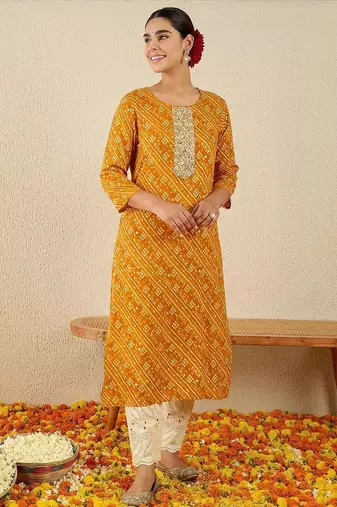 Mustard women bandhani embroidered sequinned kurta