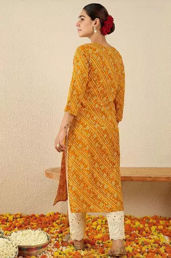 Mustard women bandhani embroidered sequinned kurta