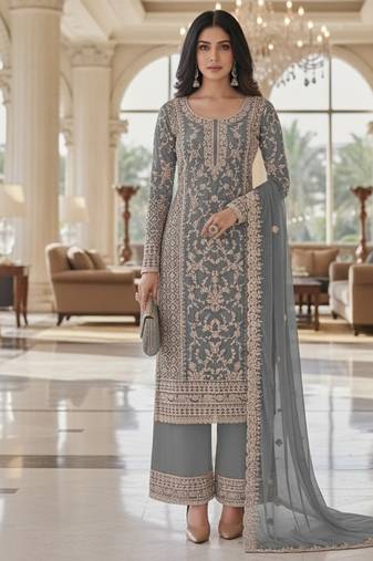 Grey color girlie butterfly net ceremonial salwar kameez for glamorous looks