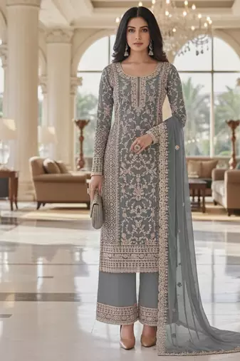 Grey color girlie butterfly net ceremonial salwar kameez for glamorous looks