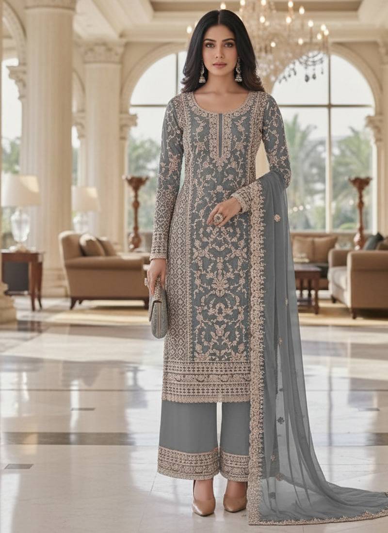Grey color girlie butterfly net ceremonial salwar kameez for glamorous looks