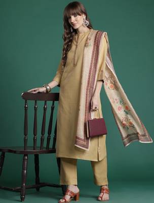 Beige yoke design thread work kurta with trousers & dupatta 1