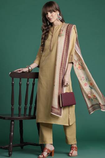 Beige yoke design thread work kurta with trousers & dupatta
