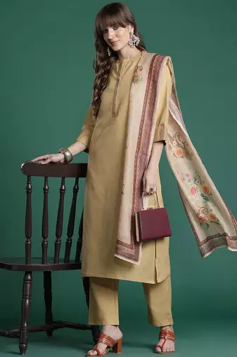 Beige yoke design thread work kurta with trousers & dupatta