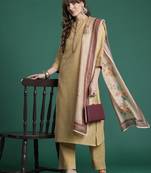 Beige yoke design thread work kurta with trousers & dupatta
