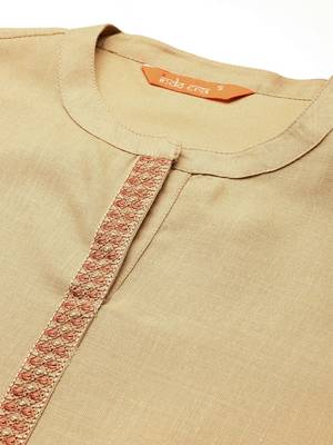 Beige yoke design thread work kurta with trousers & dupatta 2