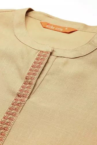 Beige yoke design thread work kurta with trousers & dupatta