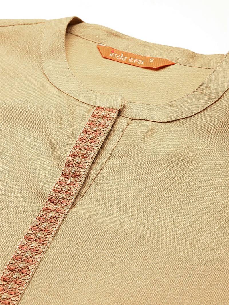 Beige yoke design thread work kurta with trousers & dupatta