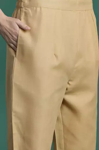 Beige yoke design thread work kurta with trousers & dupatta
