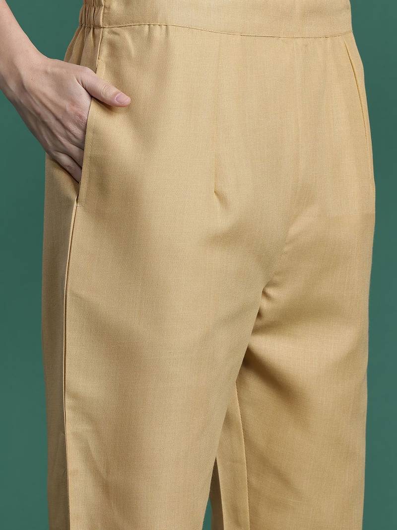 Beige yoke design thread work kurta with trousers & dupatta