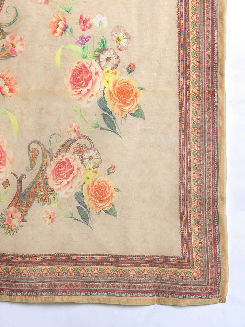 Beige yoke design thread work kurta with trousers & dupatta