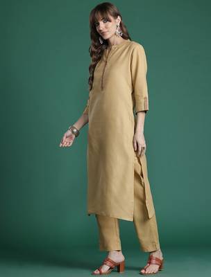 Beige yoke design thread work kurta with trousers & dupatta 5