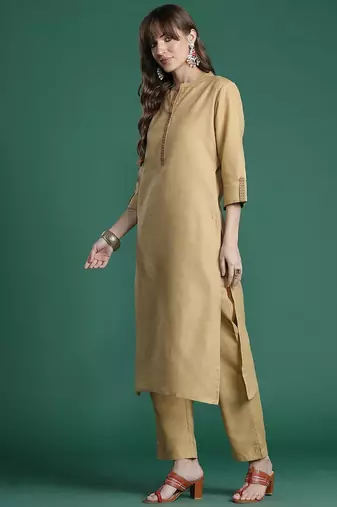 Beige yoke design thread work kurta with trousers & dupatta