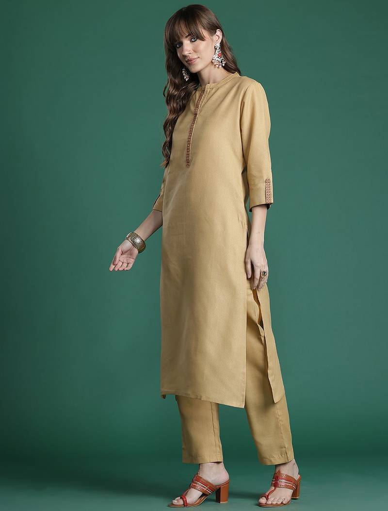 Beige yoke design thread work kurta with trousers & dupatta