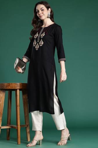 Black women ethnic motifs embroidered thread work kurta