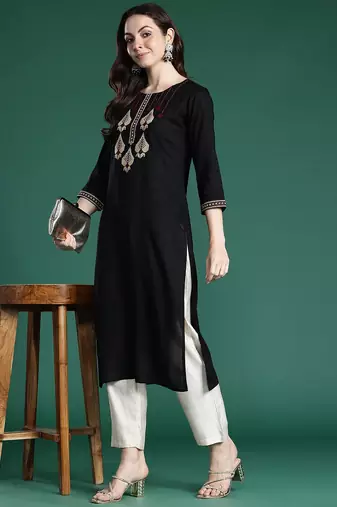 Black women ethnic motifs embroidered thread work kurta