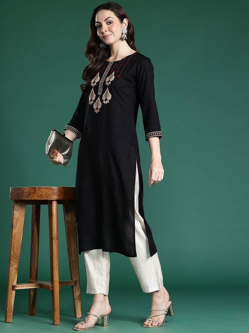 Black women ethnic motifs embroidered thread work kurta