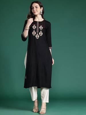 Black women ethnic motifs embroidered thread work kurta 3
