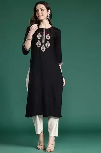 Black women ethnic motifs embroidered thread work kurta