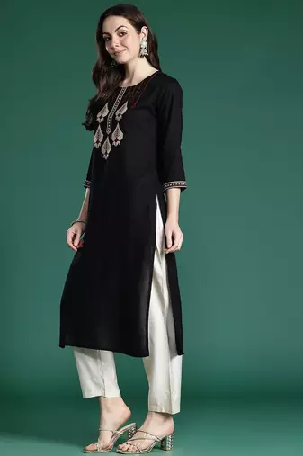 Black women ethnic motifs embroidered thread work kurta