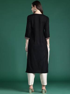 Black women ethnic motifs embroidered thread work kurta 5