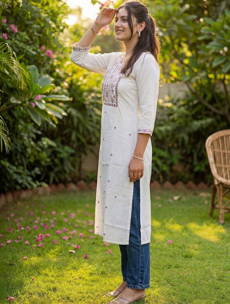 White women floral embroidered thread work kurta
