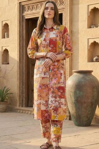Multicolor women floral printed regular pure cotton multicolor kurta with trousers