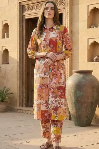 Multicolor women floral printed regular pure cotton multicolor kurta with trousers