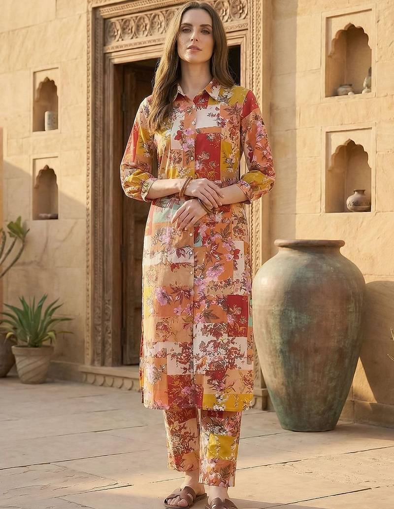 Multicolor women floral printed regular pure cotton multicolor kurta with trousers
