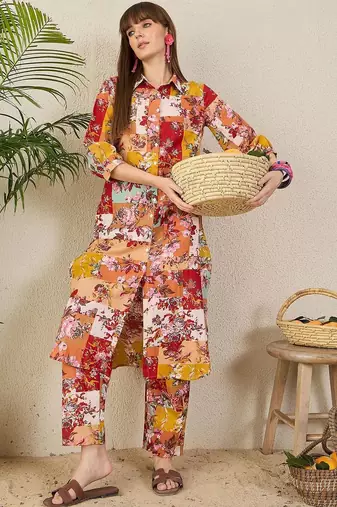 Multicolor women floral printed regular pure cotton multicolor kurta with trousers