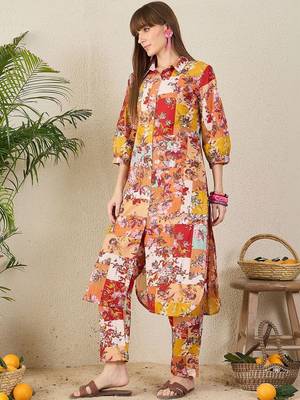 Multicolor women floral printed cotton multicolor kurta with trousers 5