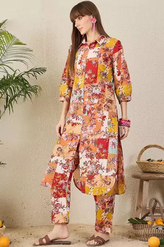 Multicolor women floral printed regular pure cotton multicolor kurta with trousers