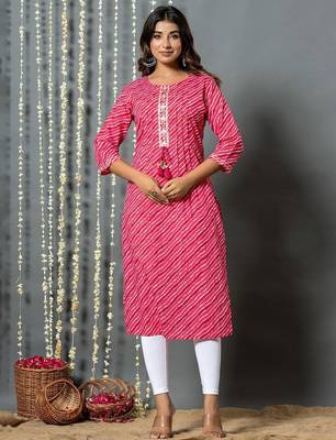Pink women leheriya printed cotton kurta 2