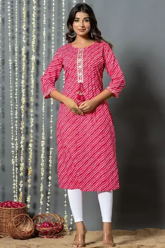 Pink women leheriya printed cotton kurta
