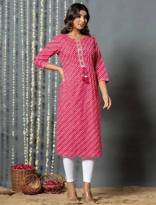 Pink women leheriya printed cotton kurta 4