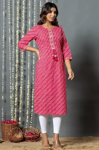 Pink women leheriya printed cotton kurta