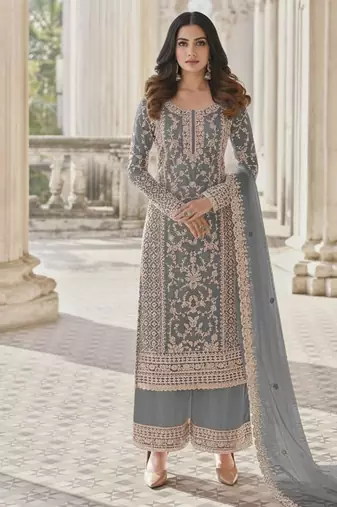Grey color girlie butterfly net ceremonial salwar kameez for glamorous looks