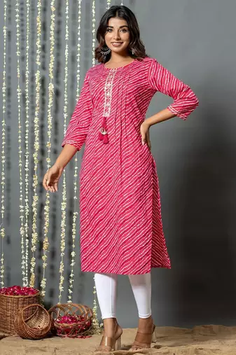 Pink women leheriya printed cotton kurta