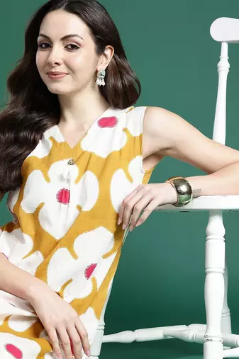 Mustard women printed pleated pure cotton kurta with trousers