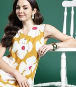 Mustard women printed pleated pure cotton kurta with trousers