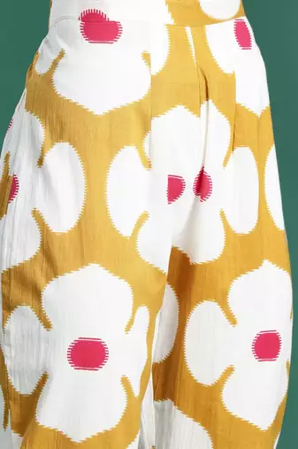 Mustard women printed pleated pure cotton kurta with trousers