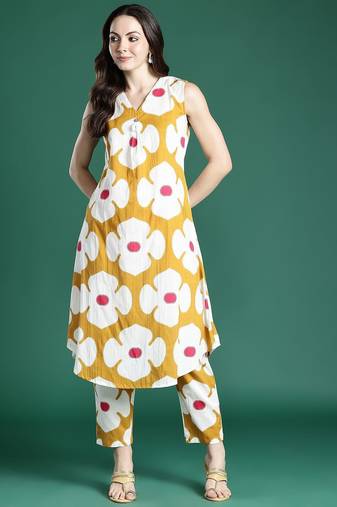 Mustard women printed pleated cotton kurta with trousers