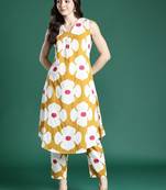 Mustard women printed pleated cotton kurta with trousers