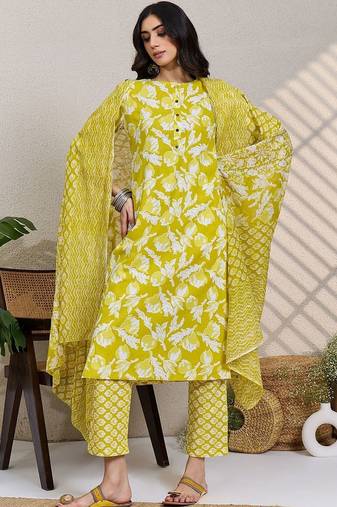 Lime green women floral printed cotton kurta with trousers & with dupatta