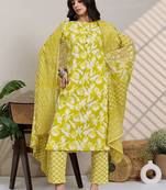 Lime green women floral printed regular pure cotton kurta with trousers & with dupatta