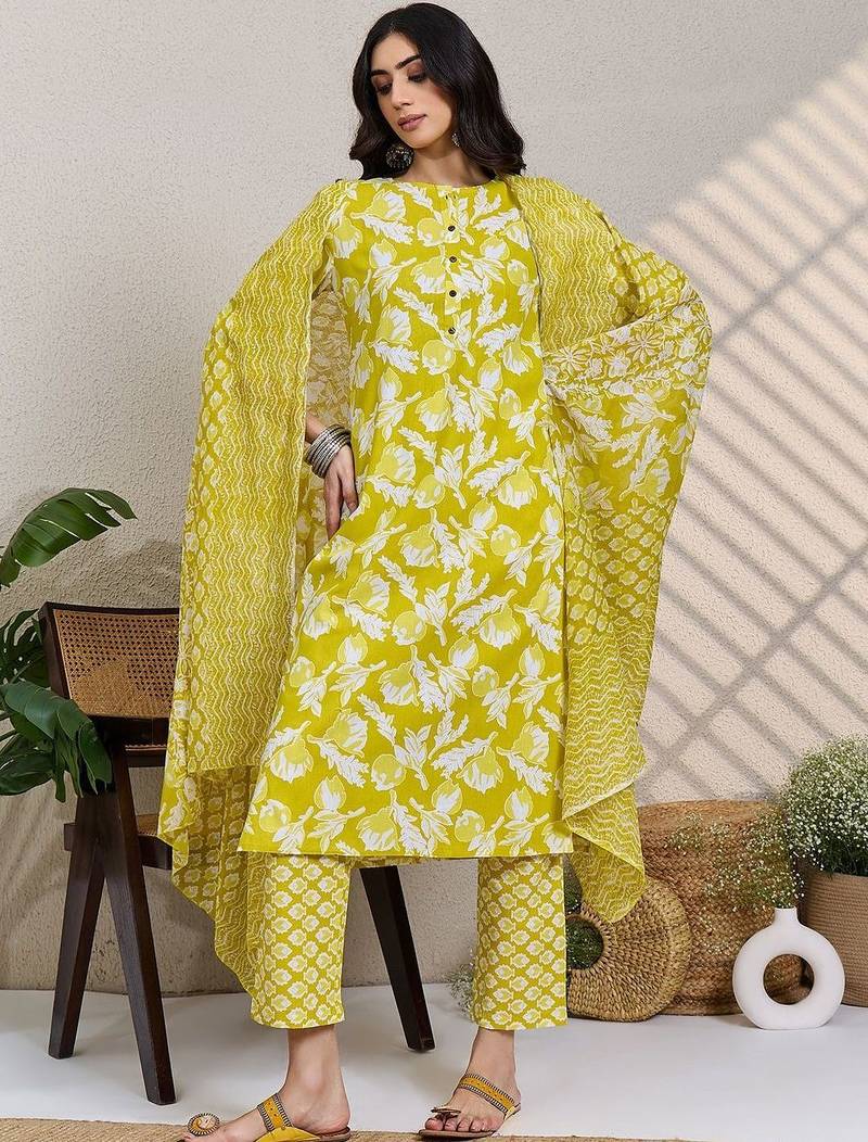 Lime green women floral printed regular pure cotton kurta with trousers & with dupatta