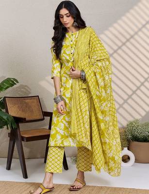 Lime green women floral printed cotton kurta with trousers & with dupatta 3