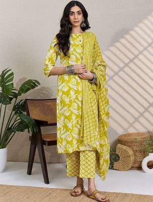 Lime green women floral printed cotton kurta with trousers & with dupatta 4
